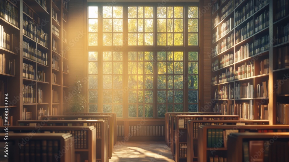Poster the warm and inviting school library features rows of bookshelves filled with diverse titles, illumi