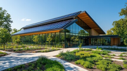Obraz premium A modern building with solar panels integrated into the roof design, blending seamlessly with the surrounding landscape, showcasing sustainability and innovation.