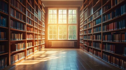 This inviting library features rows of bookshelves packed with diverse titles, creating a peaceful atmosphere as warm sunlight streams through the large windows