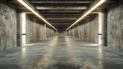 A stark industrial tunnel featuring rough concrete walls and an expansive, empty floor. Soft overhead lights highlight the gritty texture throughout the space, creating an eerie atmosphere