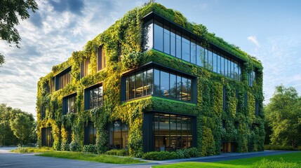 A modern eco-friendly office building with zero carbon emissions, featuring solar power, energy-efficient design, and green walls.