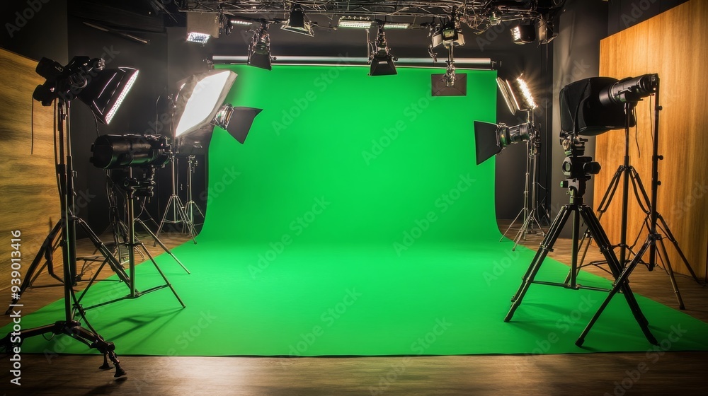 Poster a well-equipped green screen studio features a large green backdrop with professional lighting and t