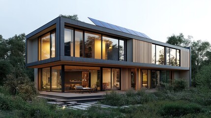 Fototapeta premium A modern zero carbon house with energy-efficient insulation, large windows for natural light, and solar panels.