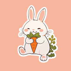 CUTE BUNNY EATING CARROT STICKER VECTOR IMAGE