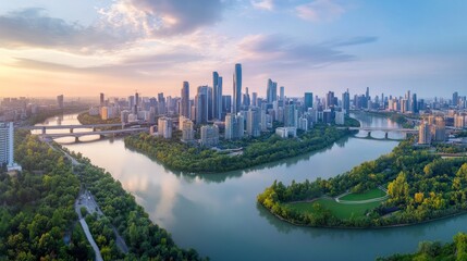 Obraz premium This stunning urban skyline showcases towering highrise buildings reflecting the warm sunset, with lush green parks lining the riverbanks and expansive bridges connecting the city