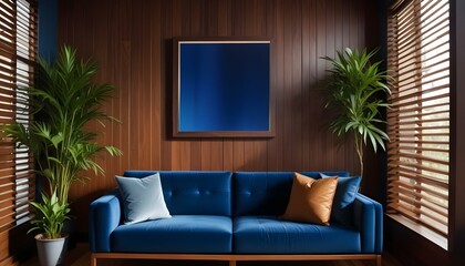 Interior mockup In a white room a blue sofa is placed next to a photo frame on the wall