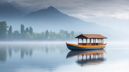 A traditional Shikara boat gently moves through the calm waters of Dal Lake, surrounded by misty mountains and lush greenery on a peaceful morning