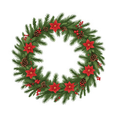 Vibrant Christmas Wreath with Red Poinsettias and Pinecones
