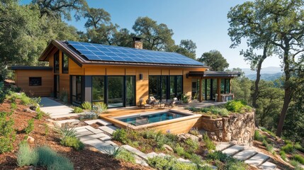 A sustainable home powered entirely by renewable energy, designed with solar panels and natural materials to achieve zero carbon emissions.