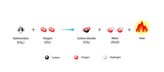 Combustion reaction. Chemical reaction. Hydrocarbon and oxygen reaction to produce carbon dioxide, water and heat. Experiment explanation. Scientific vector illustration.