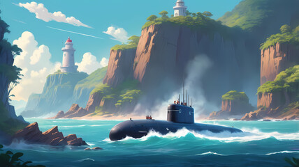 Fototapeta premium A nuclear submarine sails past a small rocky island on which a large lighthouse rises