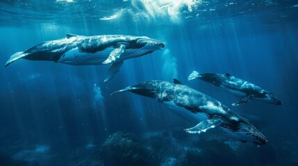 Fototapeta premium A group of humpback whales swims elegantly in deep blue waters, illuminated by sunlight filtering through the surface