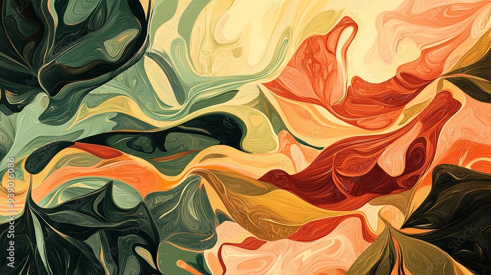 Poster a vibrant abstract composition featuring swirling leaves in rich colors, creating a dynamic and live