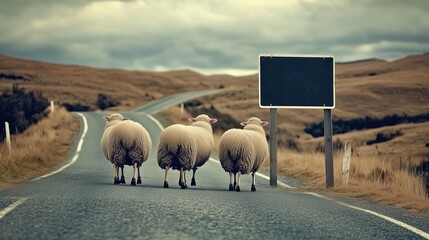 Sheep Walking on a Road with a Blank Signboard in a Minimalistic New Zealand Landscape, Featuring Muted Colors, Soft Light, and a Vintage Feel, Evoking a Serene Rural Scene