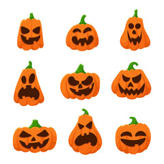 Halloween pumpkin set. Creepy faces. Сoncept is used for stickers, banners and cards. Hand drawn vector illustration.