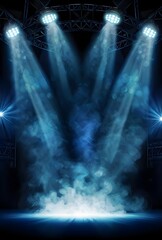A stage illuminated by blue spotlights with swirling smoke effects against a black background. The scene is atmospheric, with cloud-like projector beams creating a dramatic, intense visual effect.