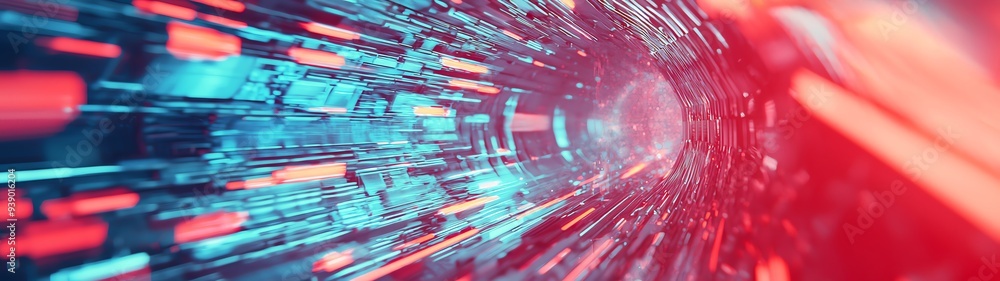 Poster a vibrant digital tunnel illustration representing speed and motion with dynamic colors of red and b
