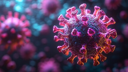 Obraz premium A 3D rendering of a single Monkeypox virus particle, rotating in a digital space with complex textures and vibrant colors.