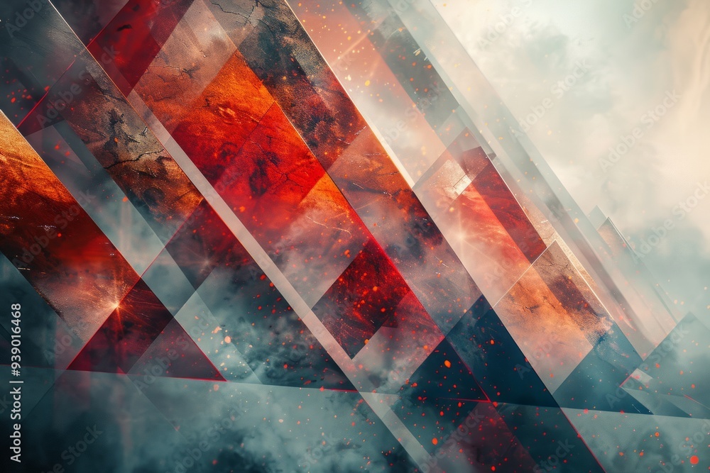 Aufkleber dynamic triangular patterns in orange and red are contrasted by a cloudy backdrop, creating a striki