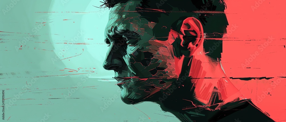Poster a vibrant portrait showcasing the profile of a man with abstract colors, highlighting emotion and de