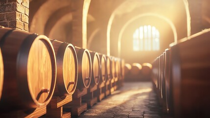 A warm and inviting wine cellar filled with wooden barrels capturing the essence of craftsmanship and aging process.