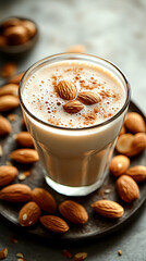 A glass of milk with almonds on top