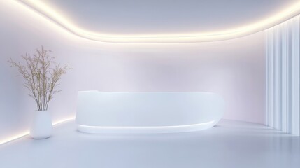 A white room with a white desk and a white vase with a plant in it