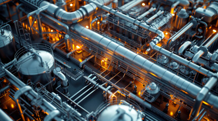 Fototapeta premium Layout of an oil depot with a tank area and a pumping station with silver-white pipes. Industry concept.