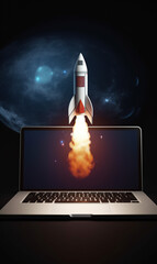 Obraz premium generated illustration of space rocket shuttle with a cloud of smoke and blast takes off from a laptop.