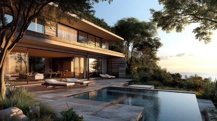 Coastal villa designed with elevated structures to withstand rising sea levels, incorporating renewable energy sources and sustainable materials.