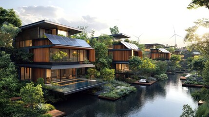 Fototapeta premium Eco-friendly urban development with zero carbon buildings, featuring solar power, wind turbines, and rainwater harvesting systems.