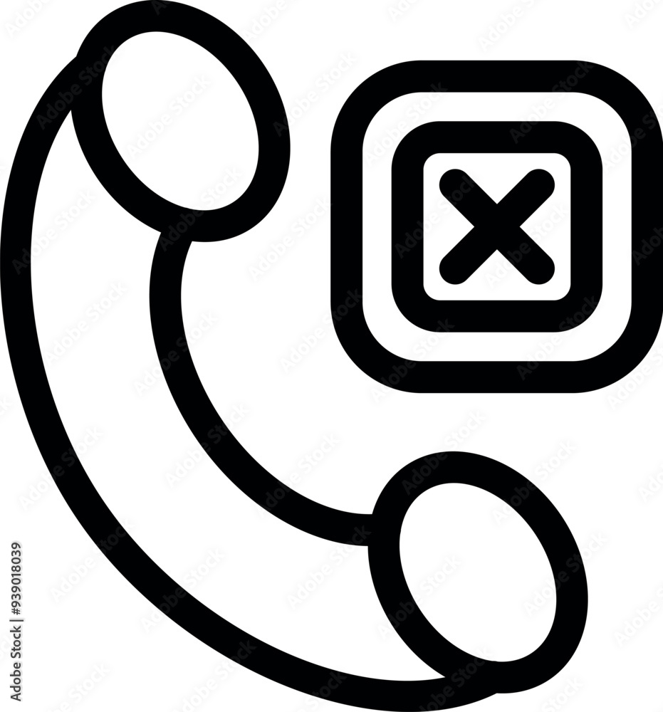 Poster black and white icon of a phone receiver with a cross mark, representing ending a call or a missed c