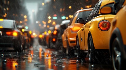 Image of traffic jams on the road In the city there are many cars. It was raining and it was time for people to return home.