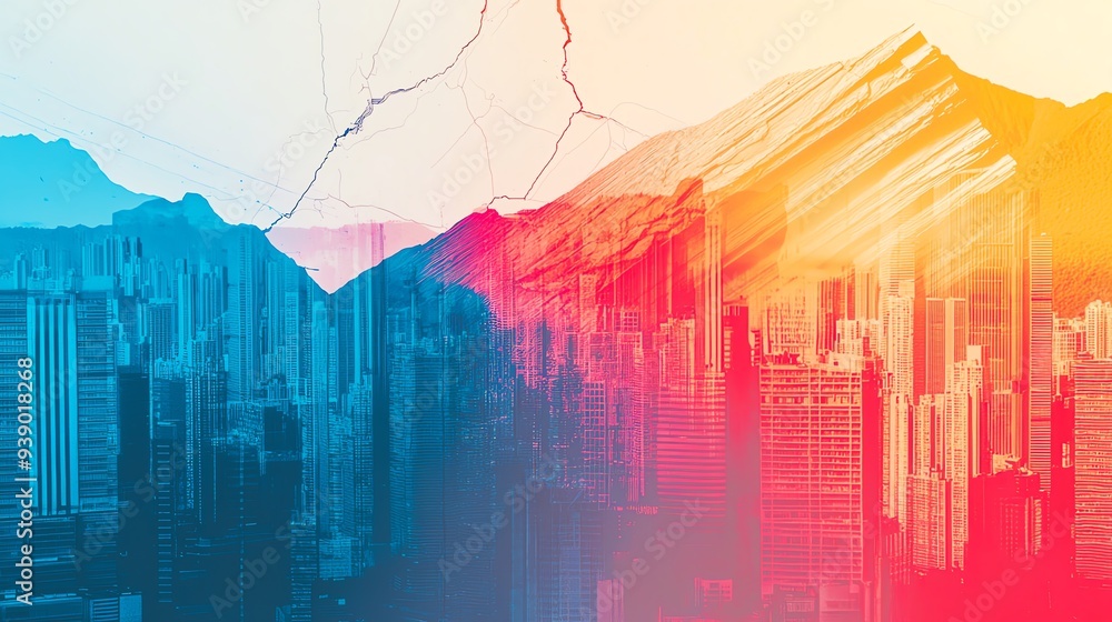Poster vibrant abstract landscape blending urban and natural elements with vivid color transitions and stri