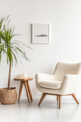Minimalist living room interiors with neutral tones and elegant simplicity. Residential interior design composition with copyspace.