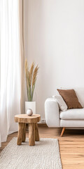 Minimalist living room interiors with neutral tones and elegant simplicity. Residential interior design composition with copyspace.
