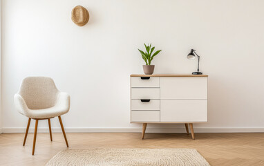 Minimalist living room interiors with neutral tones and elegant simplicity. Residential interior design composition with copyspace.