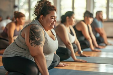 Group Fitness Yoga Class with Overweight Individuals Practicing in a Gym Setting - Inclusive, Health and Wellness Concept