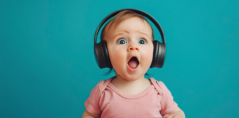 A surprised baby wearing headphones