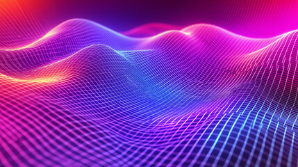 Abstract Digital Waveform in Neon Colors, Futuristic Grid Pattern with Copy Space