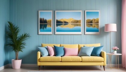 Interior mockup In a white room a blue sofa is placed next to a photo frame on the wall
