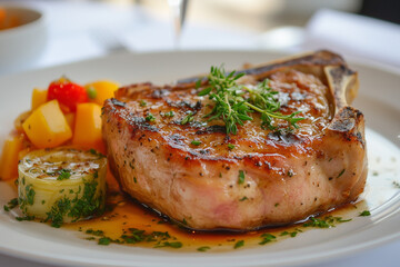 Grilled pork chop served with roasted vegetables and garnished with fresh herbs on a white plate