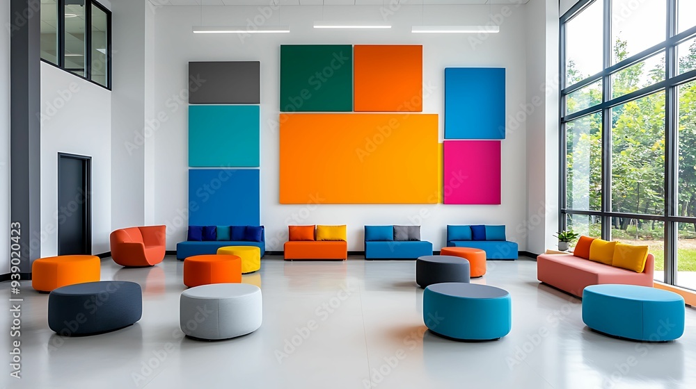 Poster bright and airy classroom with colorful walls and large windows educational environment with natural
