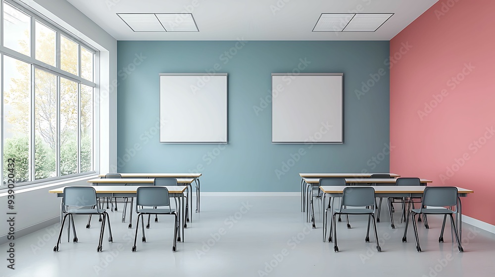 Poster bright and airy classroom with colorful walls and large windows educational environment with natural