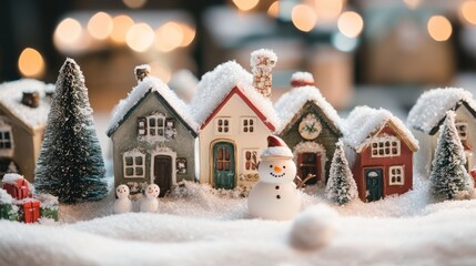 Naklejka premium Winter Village Miniature with Snowman and Christmas Tree