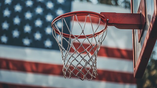 A basketball hoop with an American flag in the background, symbolizing sports and patriotism