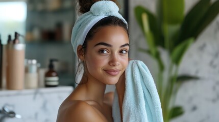 A woman is drying her face with a blue towel