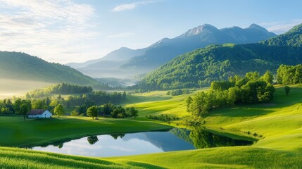 Serene mountain landscape with a small lake and a house in the distance.