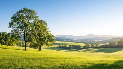 Two trees stand tall in a green field with rolling hills in the background.