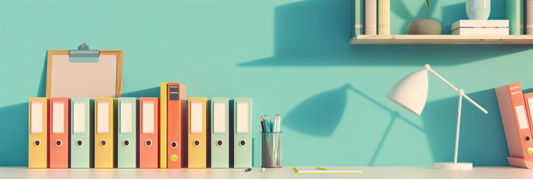 An impeccably organized workspace, featuring a neat row of color-coordinated file folders and a sleek, modern desk lamp.
